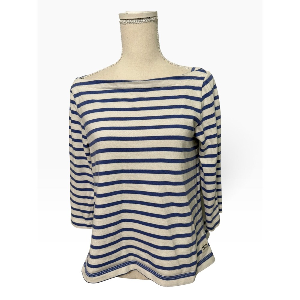 Kate Spade Broome Street Blue White Striped Ruffle Hem Cotton Top Large